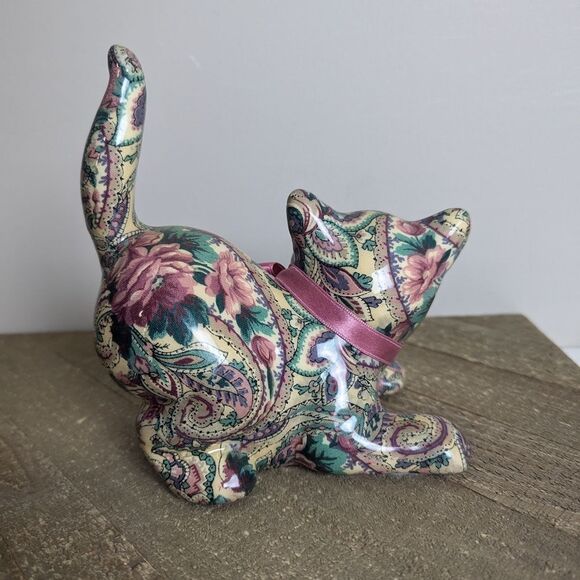 Joan Baker Designs Porcelain Patchworks Cat Pink and Green Sculpture Art Piece - Picture 6 of 9